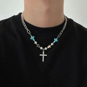 Blue Cross Pearl chain necklace